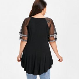 Plus Size V Neck Glittery Mesh Shoulder T-shirt (BLACK)