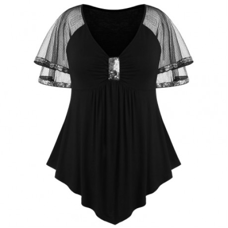 Plus Size V Neck Glittery Mesh Shoulder T-shirt (BLACK)