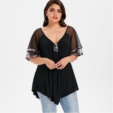 Plus Size V Neck Glittery Mesh Shoulder T-shirt (BLACK)
