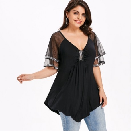 Plus Size V Neck Glittery Mesh Shoulder T-shirt (BLACK)