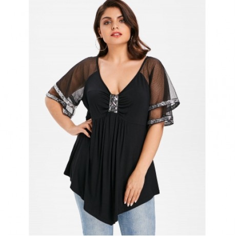 Plus Size V Neck Glittery Mesh Shoulder T-shirt (BLACK)