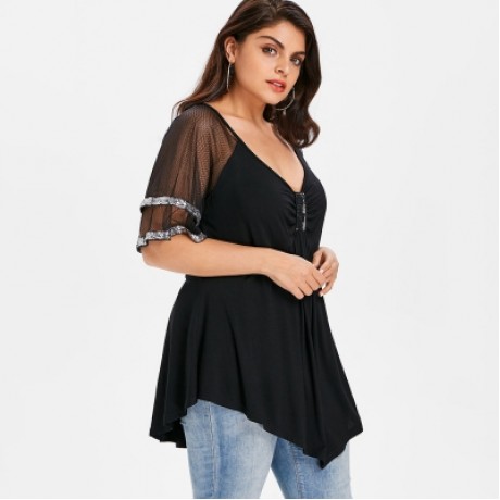 Plus Size V Neck Glittery Mesh Shoulder T-shirt (BLACK)