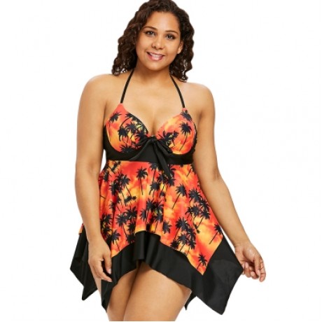 Plus Size Palm Print Handkerchief Tankini Set (TANGERINE)
