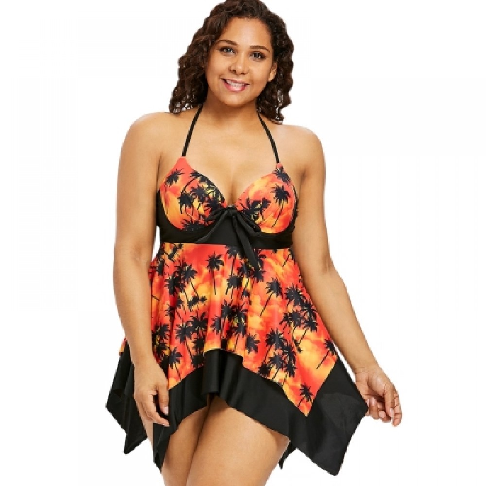 Plus Size Palm Print Handkerchief Tankini Set (TANGERINE)