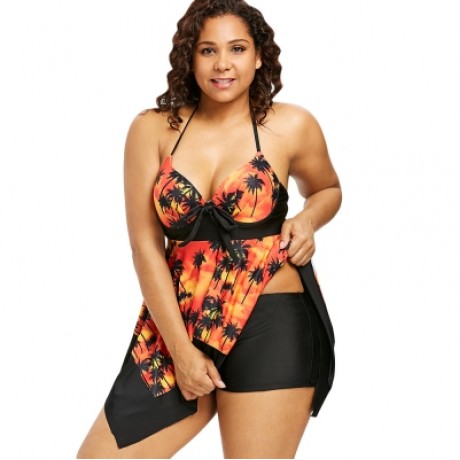 Plus Size Palm Print Handkerchief Tankini Set (TANGERINE)