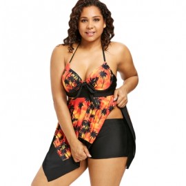 Plus Size Palm Print Handkerchief Tankini Set (TANGERINE)