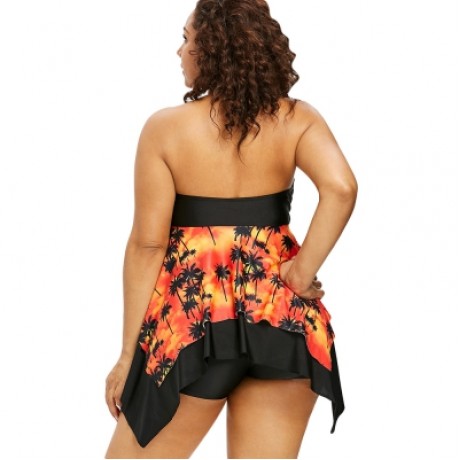 Plus Size Palm Print Handkerchief Tankini Set (TANGERINE)