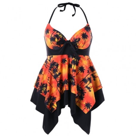 Plus Size Palm Print Handkerchief Tankini Set (TANGERINE)