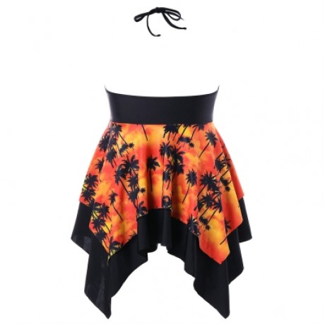 Plus Size Palm Print Handkerchief Tankini Set (TANGERINE)