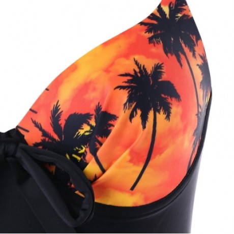 Plus Size Palm Print Handkerchief Tankini Set (TANGERINE)
