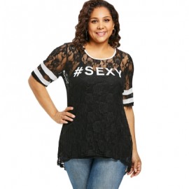 Plus Size Letter Print Lace Dip Hem T-shirt (BLACK)