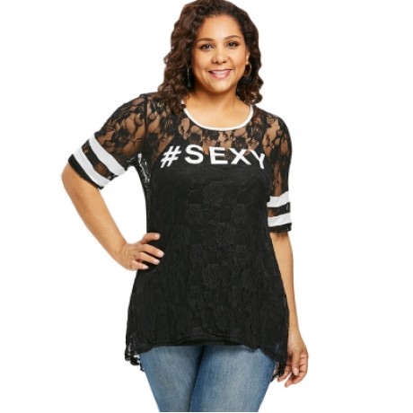 Plus Size Letter Print Lace Dip Hem T-shirt (BLACK)