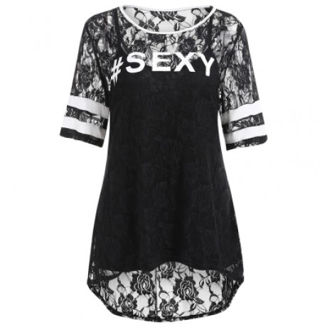 Plus Size Letter Print Lace Dip Hem T-shirt (BLACK)