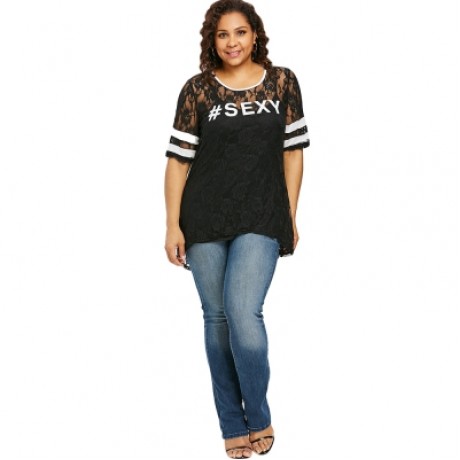 Plus Size Letter Print Lace Dip Hem T-shirt (BLACK)