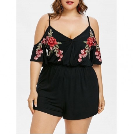 Plus Size Embroidery Cold Shoulder Romper (BLACK)
