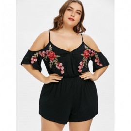 Plus Size Embroidery Cold Shoulder Romper (BLACK)