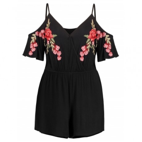 Plus Size Embroidery Cold Shoulder Romper (BLACK)