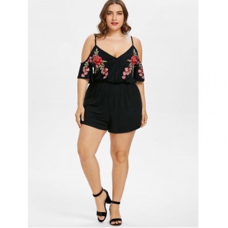 Plus Size Embroidery Cold Shoulder Romper (BLACK)