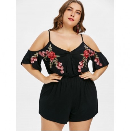 Plus Size Embroidery Cold Shoulder Romper (BLACK)