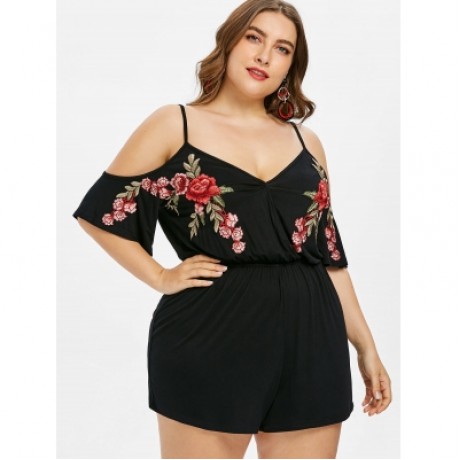 Plus Size Embroidery Cold Shoulder Romper (BLACK)