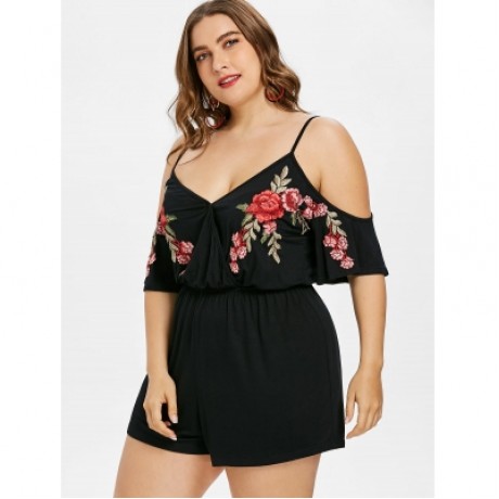 Plus Size Embroidery Cold Shoulder Romper (BLACK)