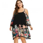 Plus Size Casual Cold Shoulder Print Dress (BLACK)