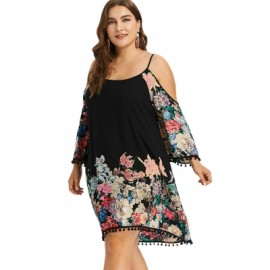 Plus Size Casual Cold Shoulder Print Dress (BLACK)