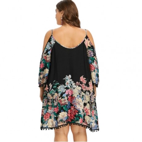 Plus Size Casual Cold Shoulder Print Dress (BLACK)