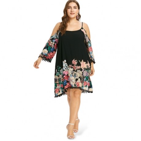 Plus Size Casual Cold Shoulder Print Dress (BLACK)