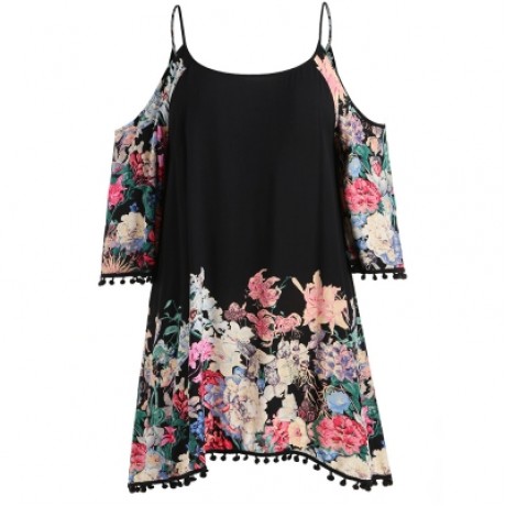 Plus Size Casual Cold Shoulder Print Dress (BLACK)