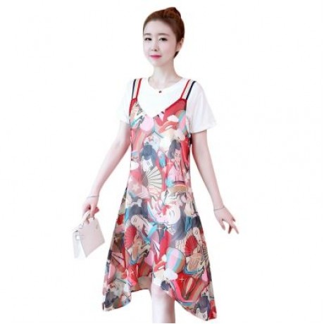 Round Collar Short Sleeve Pattern Women Two-piece Set (WHITE)