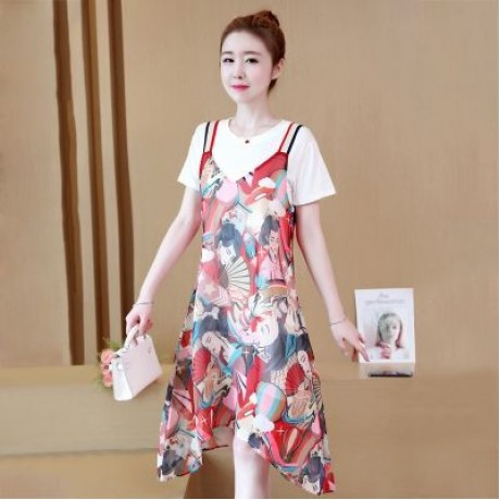 Round Collar Short Sleeve Pattern Women Two-piece Set (WHITE)