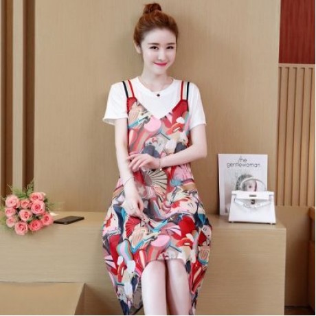 Round Collar Short Sleeve Pattern Women Two-piece Set (WHITE)