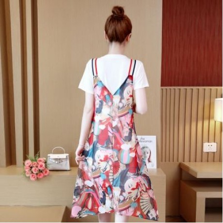 Round Collar Short Sleeve Pattern Women Two-piece Set (WHITE)