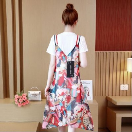 Round Collar Short Sleeve Pattern Women Two-piece Set (WHITE)