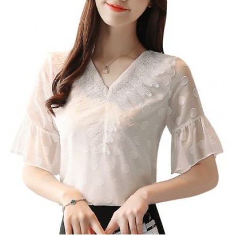V Neck Half Bell Sleeve Lace Polka Dot Chiffon Women T-shirt (WHITE)