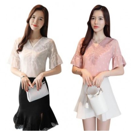 V Neck Half Bell Sleeve Lace Polka Dot Chiffon Women T-shirt (WHITE)