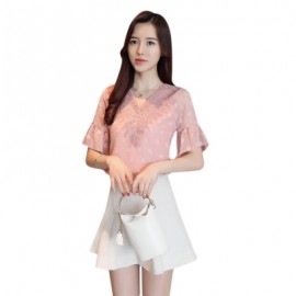 V Neck Half Bell Sleeve Lace Polka Dot Chiffon Women T-shirt (ORANGE PINK)