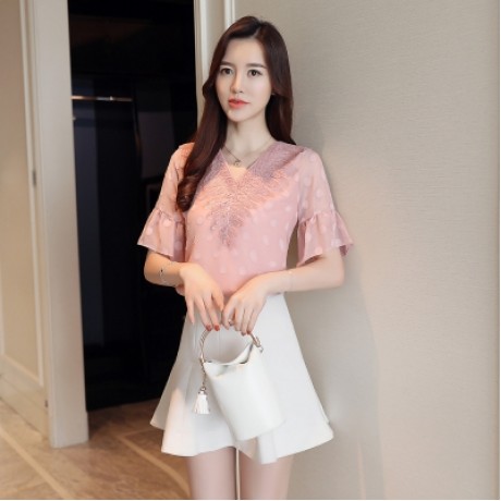 V Neck Half Bell Sleeve Lace Polka Dot Chiffon Women T-shirt (ORANGE PINK)