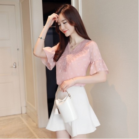 V Neck Half Bell Sleeve Lace Polka Dot Chiffon Women T-shirt (ORANGE PINK)
