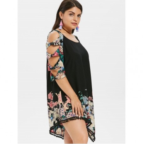 Plus Size Bowknot Cut Flower Dress (BLACK)