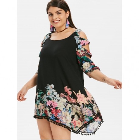Plus Size Bowknot Cut Flower Dress (BLACK)