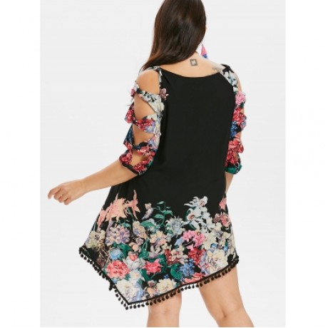Plus Size Bowknot Cut Flower Dress (BLACK)