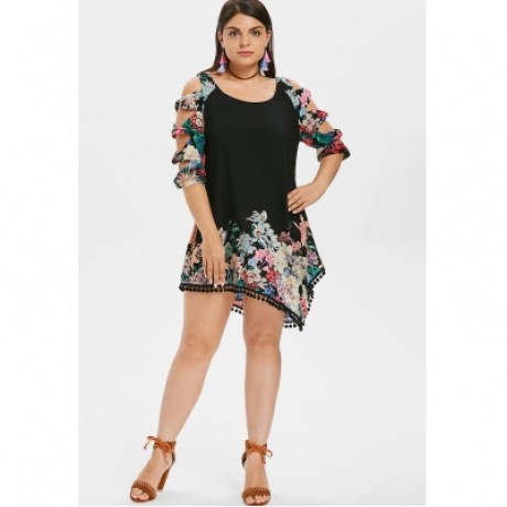 Plus Size Bowknot Cut Flower Dress (BLACK)