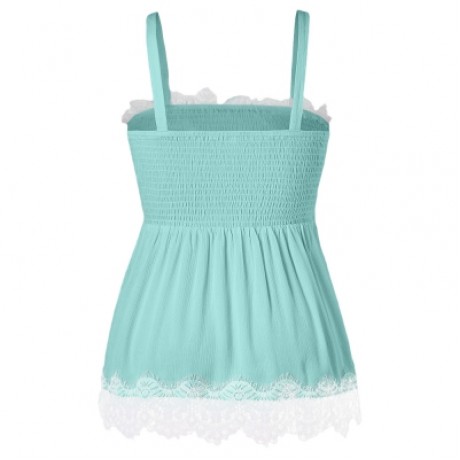 Plus Size Smocked Lace Panel Tank Top (LIGHT CYAN)