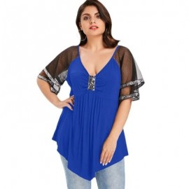 Plus Size V Neck Glittery Mesh Shoulder T-shirt (BLUE)