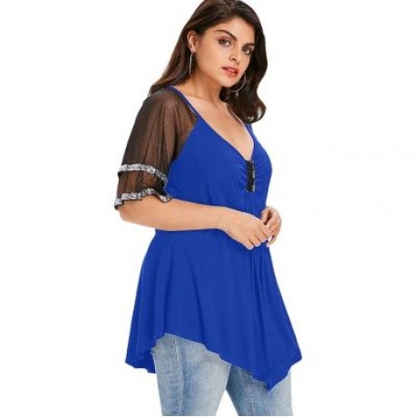 Plus Size V Neck Glittery Mesh Shoulder T-shirt (BLUE)