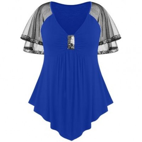 Plus Size V Neck Glittery Mesh Shoulder T-shirt (BLUE)