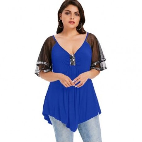 Plus Size V Neck Glittery Mesh Shoulder T-shirt (BLUE)