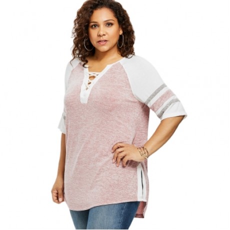 Plus Size Lace Up Side Slit Marled T-shirt (LIGHT PINK)